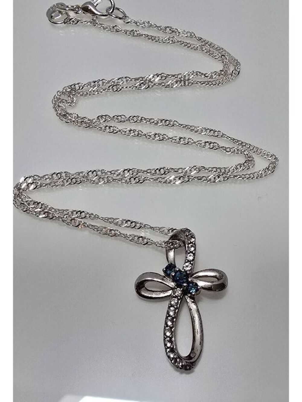 Sterling Silver 925 Blue & Clear CZ Cross Pendant Necklace 20